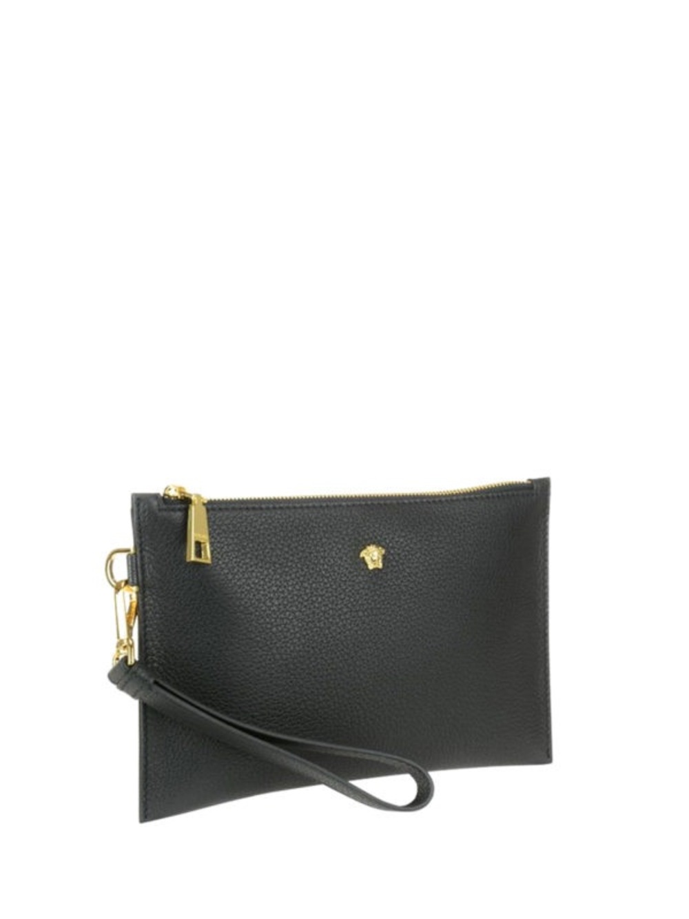 Versace Black Pebbled Leather Wristlet Clutch with Gold Medusa